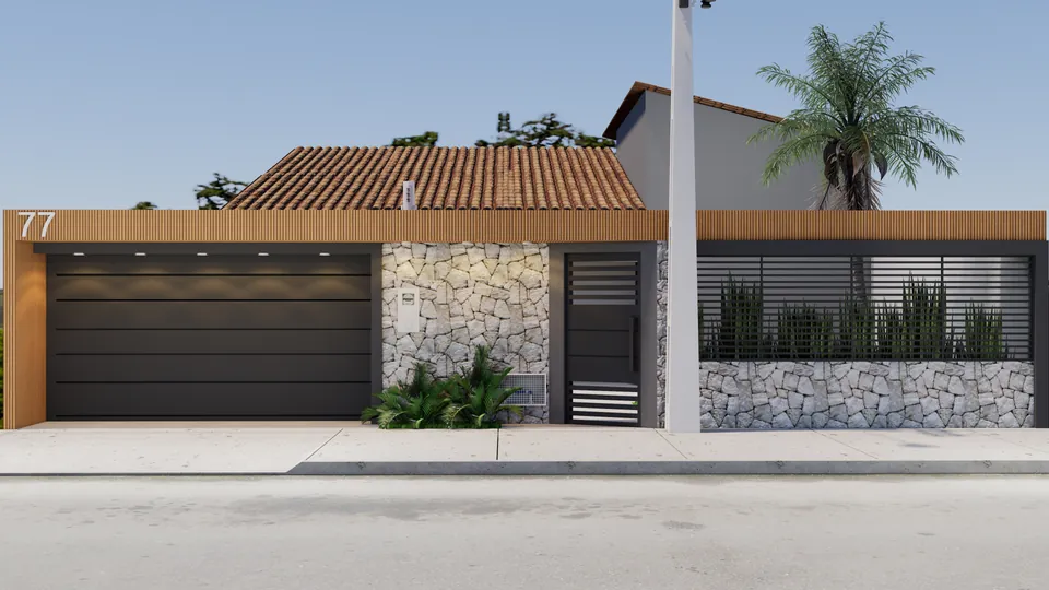 Fachada com muro ripado e jardim