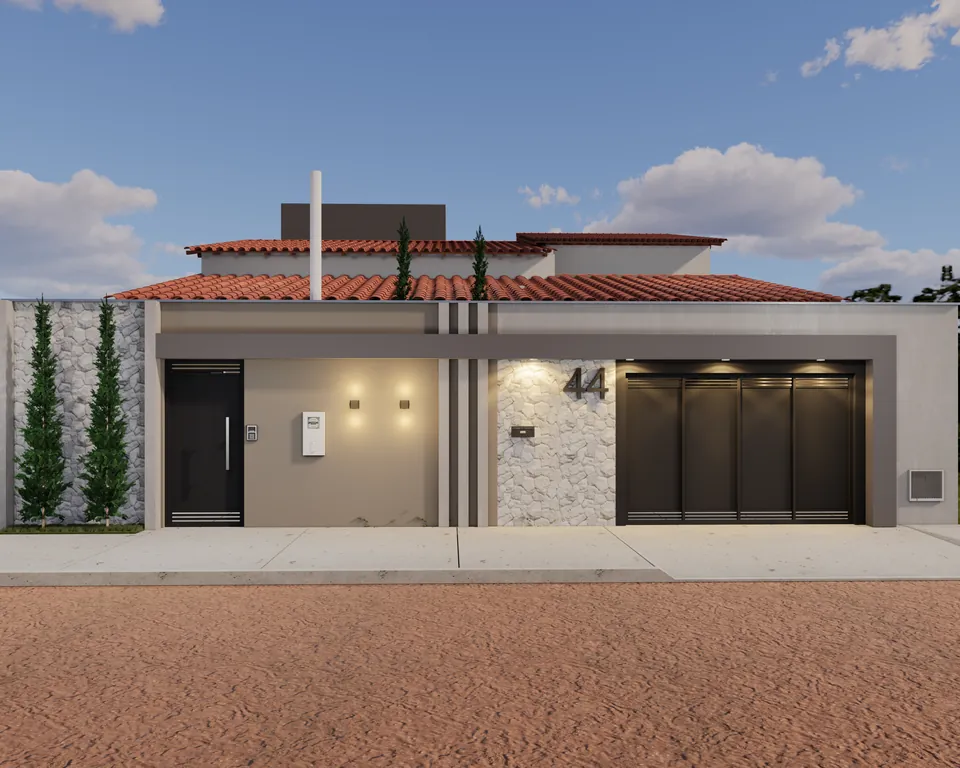 Fachada com telhado aparente e iluminação