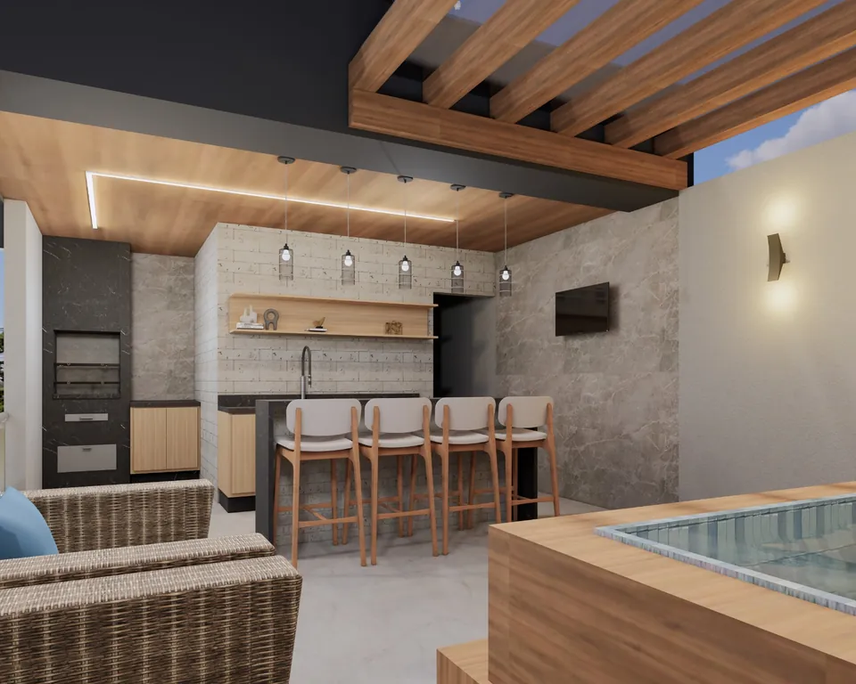 Área gourmet com pergolado de madeira e piscina