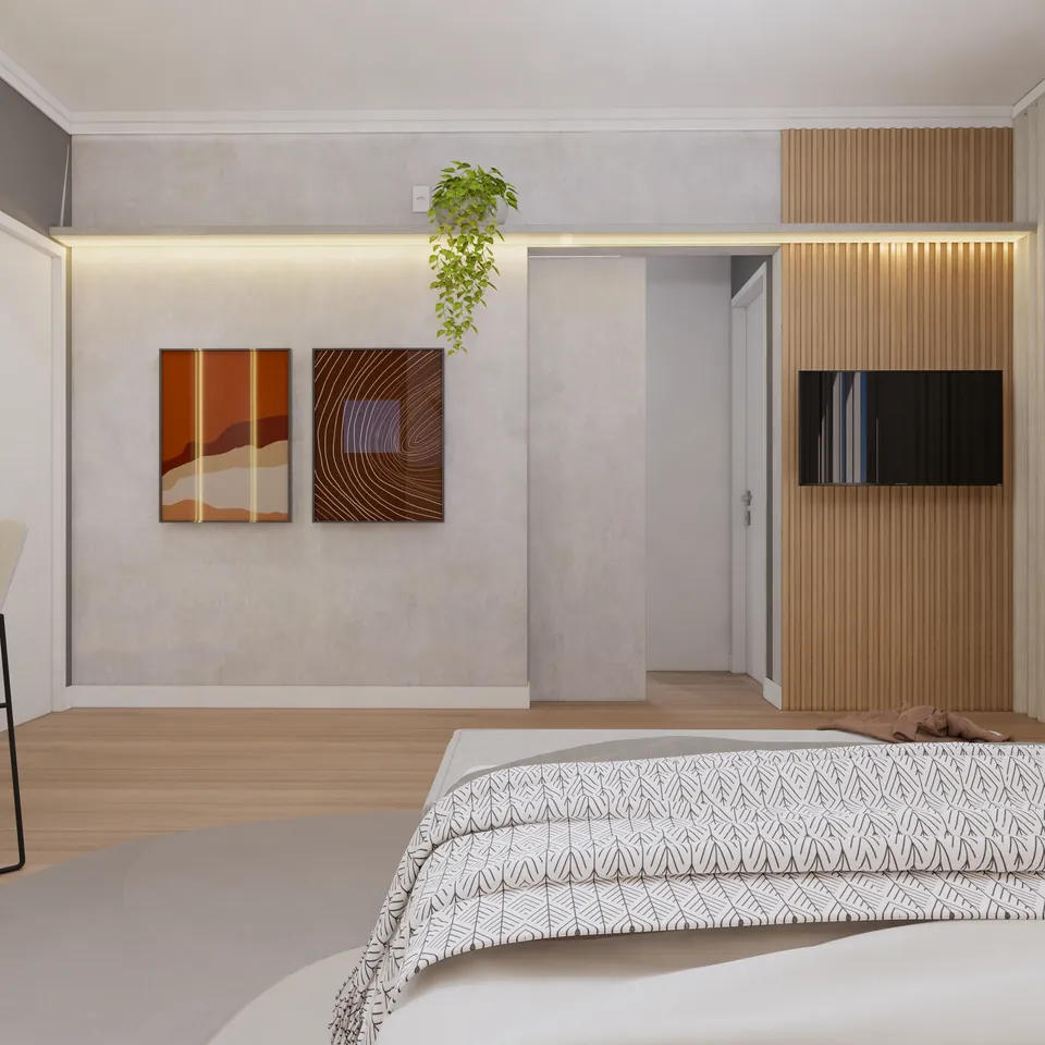 Quarto com cabeceira em madeira