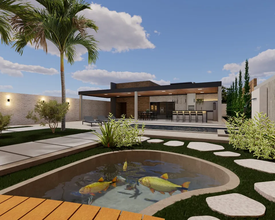 Quintal com lago ornamental