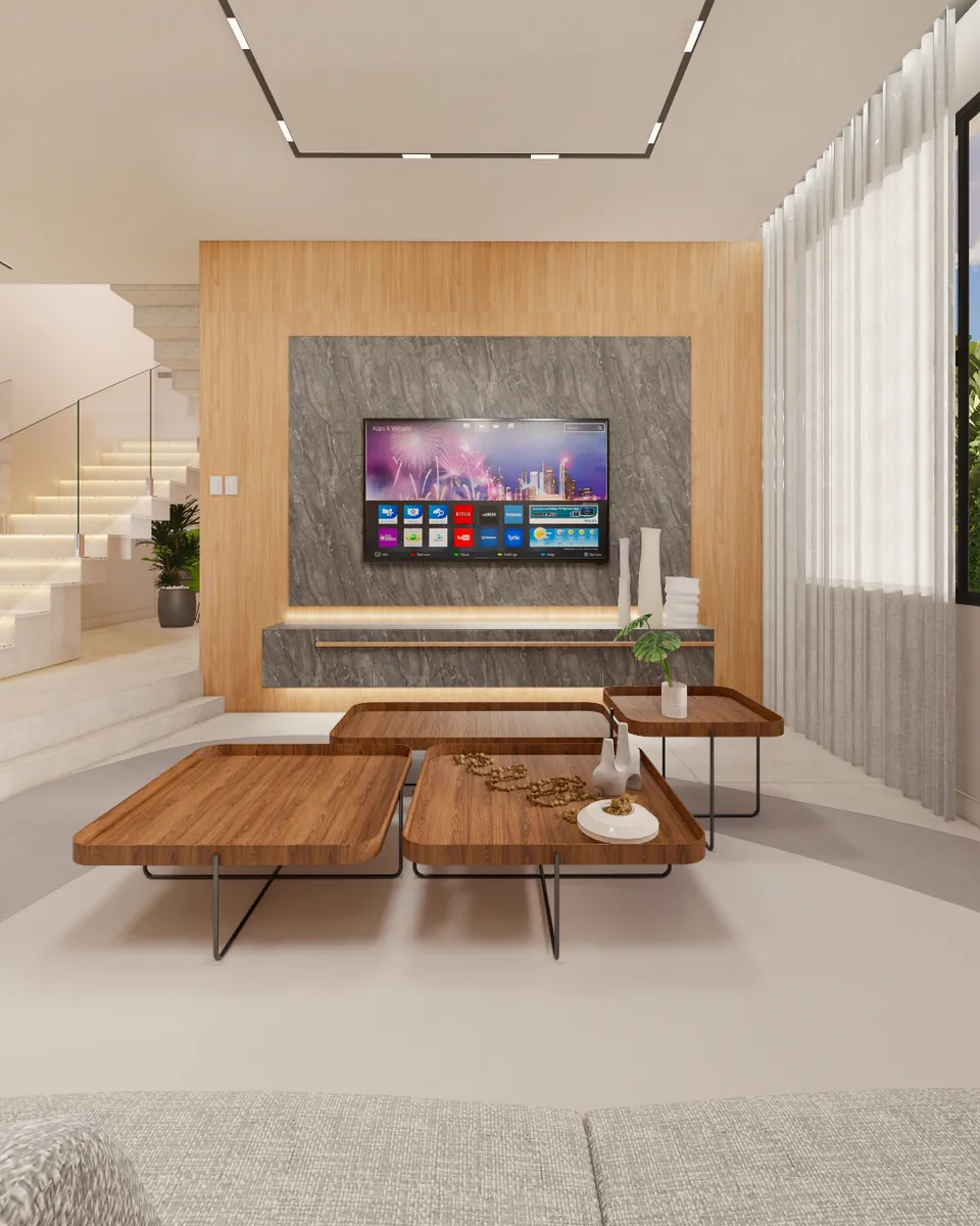 Sala com painel de madeira ripado