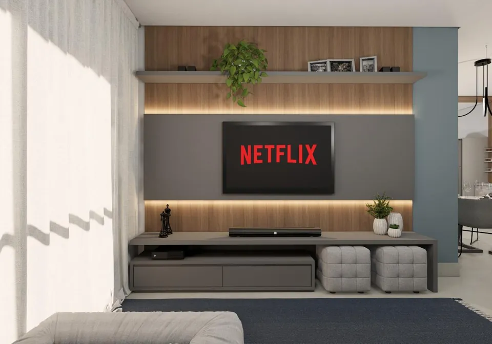 Sala de TV com painel ripado